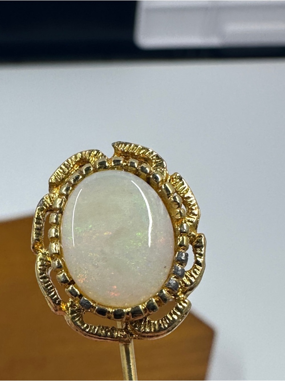 Vintage Opal Stickpin, Gold Plated Oval Metal Filigree Frame, Antique Hat Pin